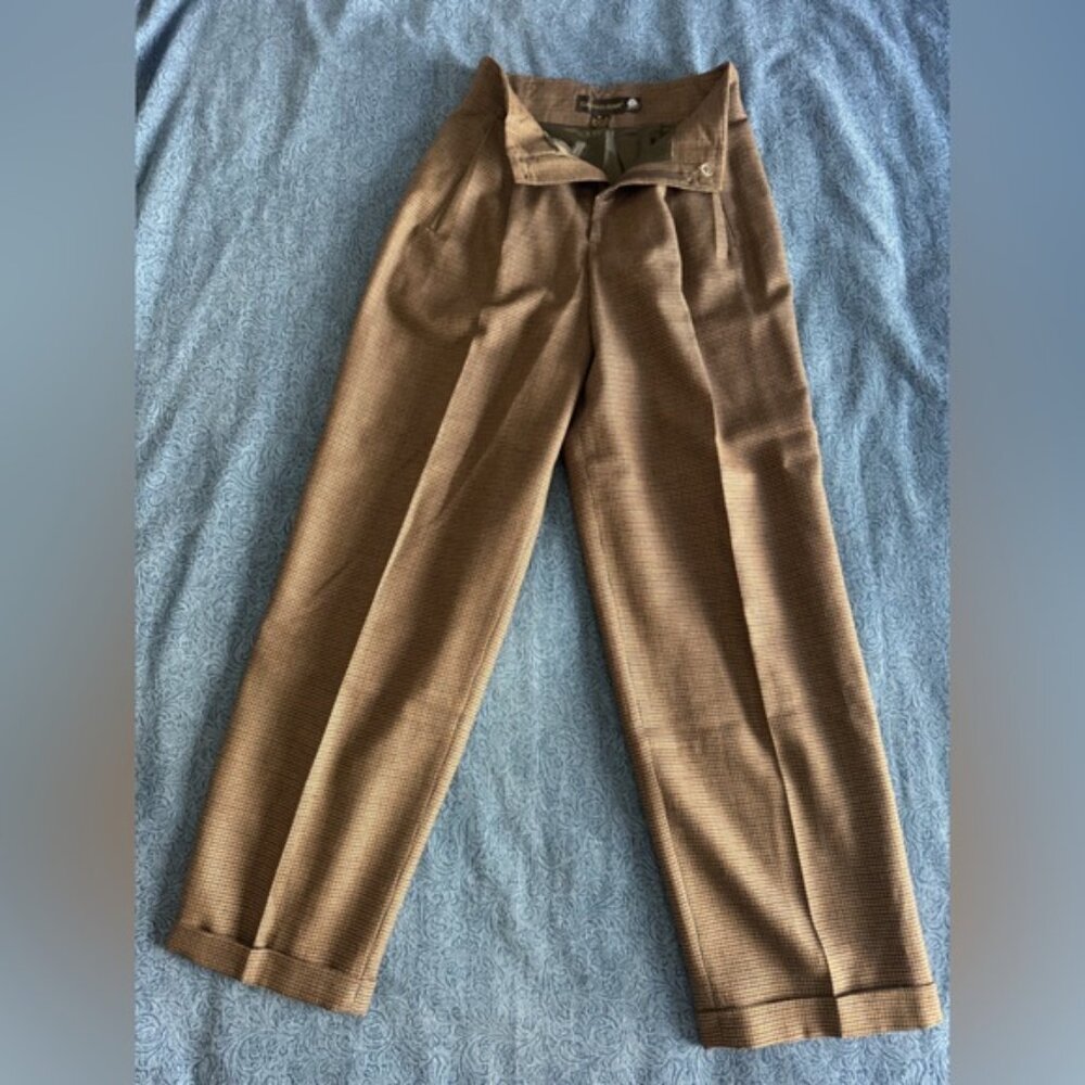 Vintage High Waisted Pleated Trousers - Brown Houndstooth - Cuffed | Size 10